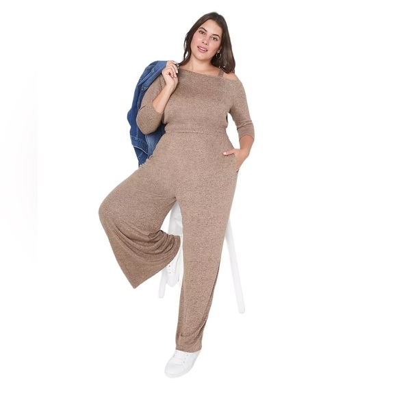 Lane Bryant Pants - Lane Bryant One-Shoulder Smocked Waist Hacci Knit Sweater Jumpsuit Sz 22/44 Plus